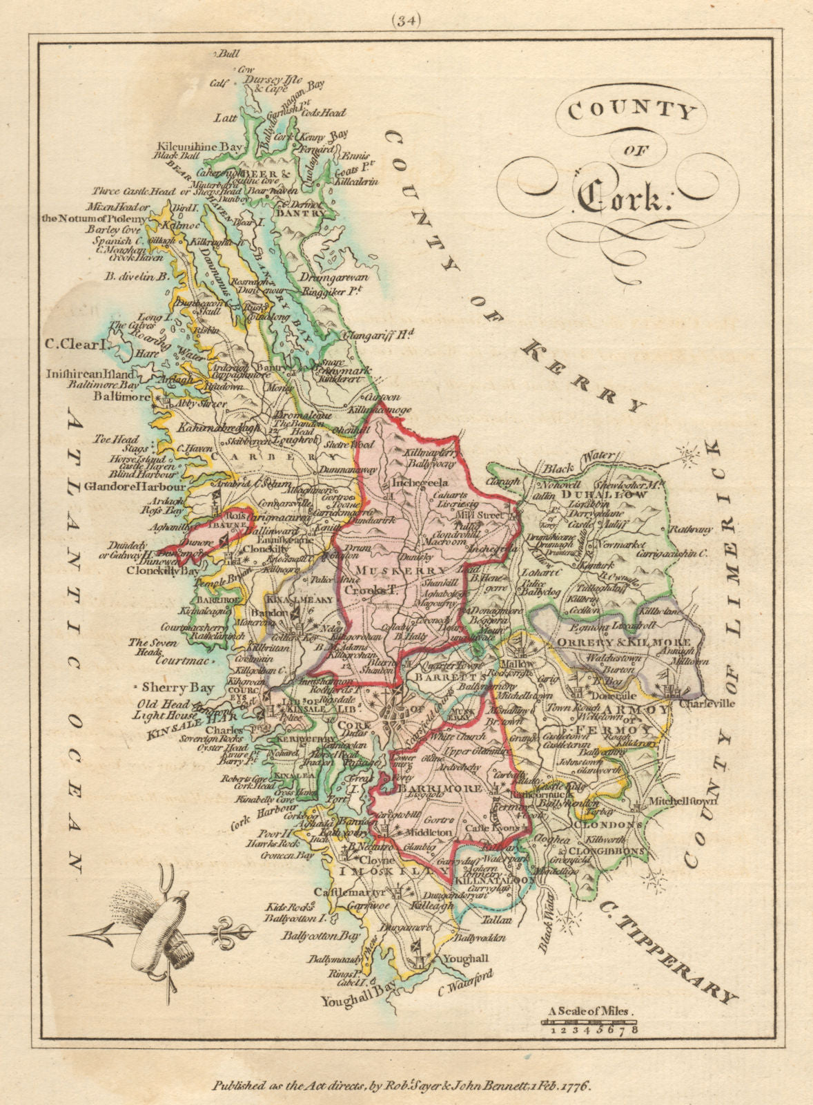 County of Cork, Munster. Antique copperplate map by Scalé / Sayer 1776 old
